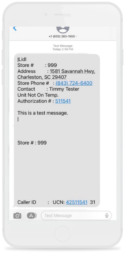 A screenshot of a text message conversation on a smartphone, displaying a test message with contact information and details for a store location.