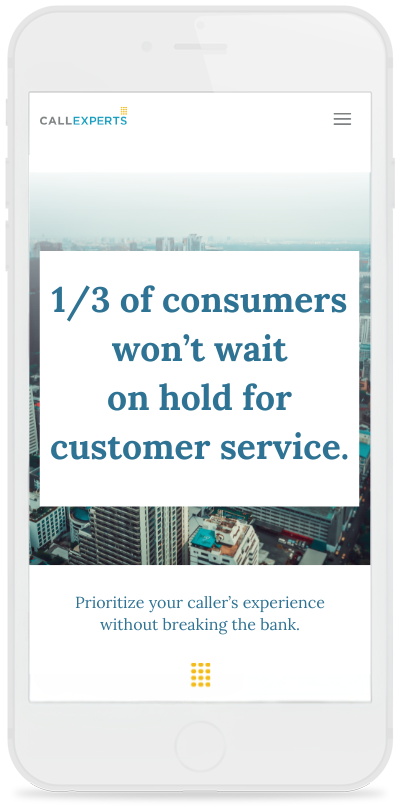 A mobile phone displaying an advertisement for a customer service experience with the text "1/3 consumers won't wait on hold for customer service. prioritize your callers' experience without breaking the bank." the background features an aerial view of city skyscrapers.