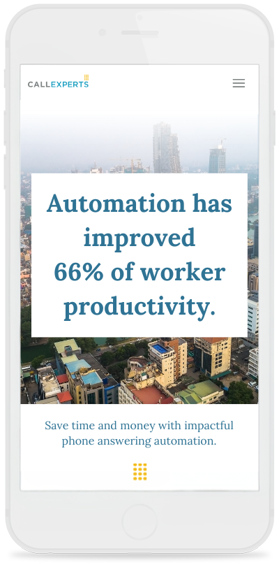 A smartphone displaying a webpage with the headline "automation has improved 66% of worker productivity," suggesting the benefits of using technology for business efficiency.