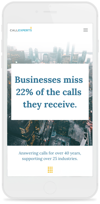 Smartphone displaying an advertisement about call answering services with a statistic highlighting that businesses miss 22% of the calls they receive and a mention of over 40 years of industry experience.