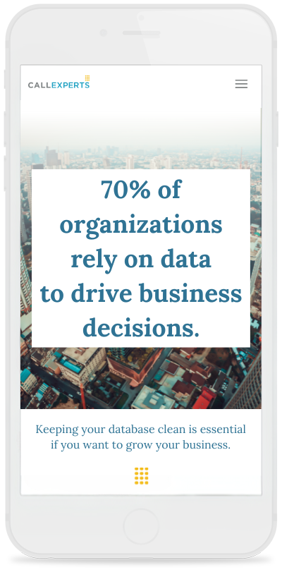 A mobile phone displaying a business advertisement with the headline "70% of organizations rely on data to drive business decisions," emphasizing the importance of maintaining a clean database for business growth.