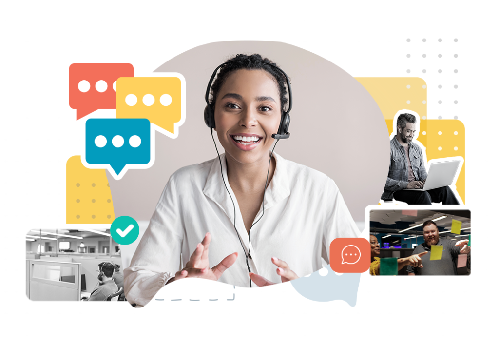 Customer service representative with headset engaging in conversation, surrounded by Call Experts illustrations of communication symbols and depictions of diverse work environments.