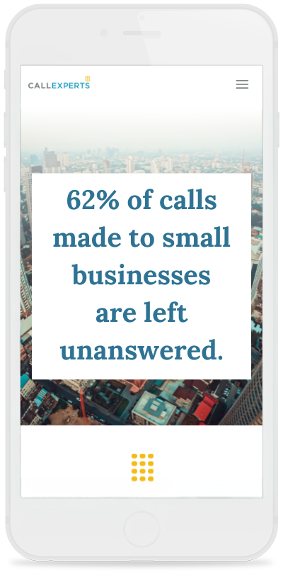 Smartphone displaying an advertisement about call answering services with a statistic highlighting 62% of calls made to small businesses are left unanwered.