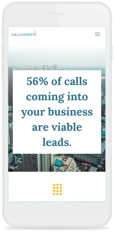 Smartphone displaying an advertisement about call answering services with a statistic highlighting that 56% of calls coming into businesses are viable leads.