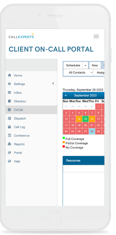 Show thumbnail preview	A mobile device displaying the 'client on-call portal' interface from callexperts™ with navigation options on the left and an on-call schedule for september 2023 on the right.