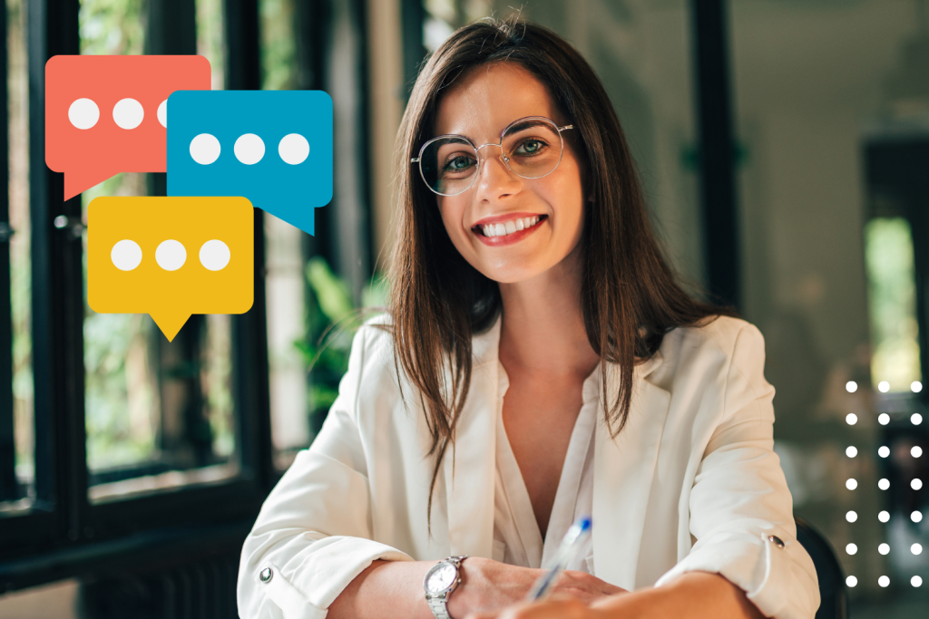 Young professional woman with glasses smiling at the camera, with colorful speech bubble graphics indicating communication or dialogue in the financial services sector.