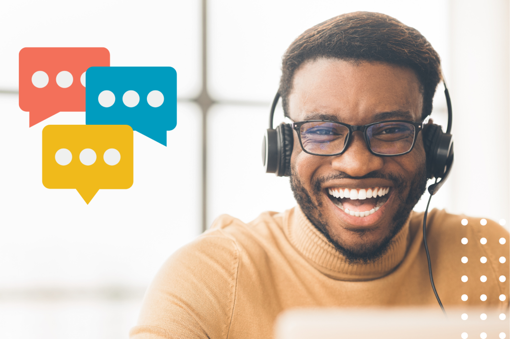 Man with headphones enjoying a cheerful conversation or podcast, with colorful speech bubbles implying active communication or listening, reminiscent of efficient call center reporting service.