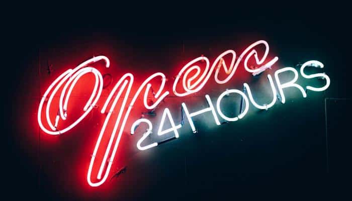 Neon "open 24 hours" sign