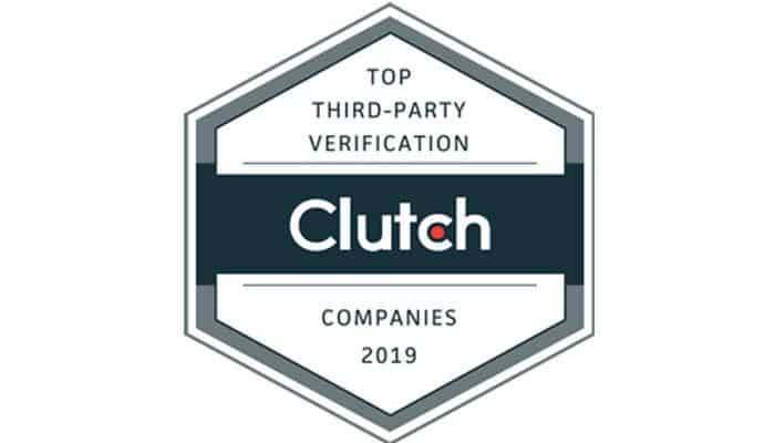 Badge saying "top third-party verification companies 2019 Clutch"