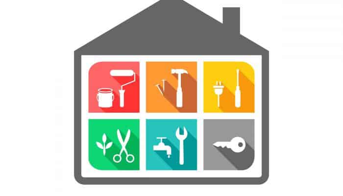 Drawing of house showing home improvement tasks like painting, gardening, etc