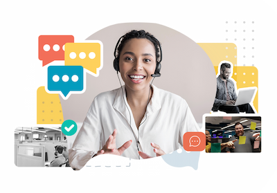 Customer service representative with headset engaging in conversation, surrounded by Call Experts illustrations of communication symbols and depictions of diverse work environments.